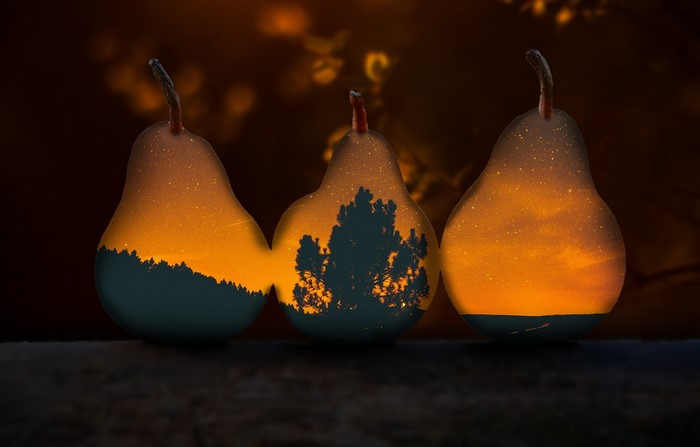 Three pears with starry sky and forest silhouette