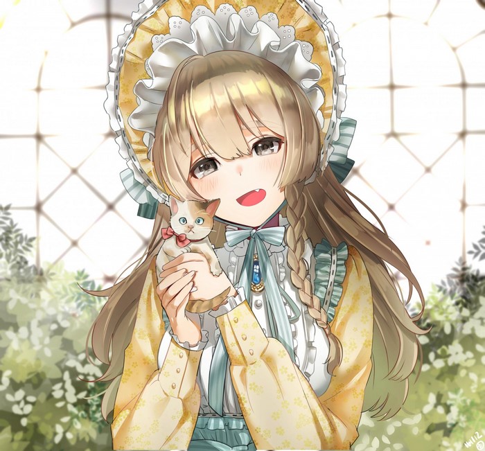 Anime girl with blonde hair holding a cat