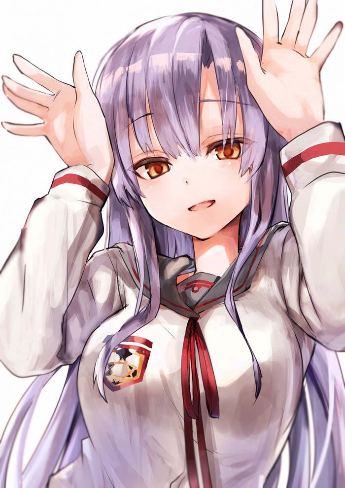 Anime girl with purple hair and orange eyes