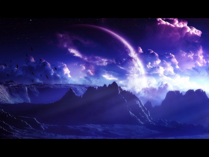 Alien planet landscape with a large planet in the sky