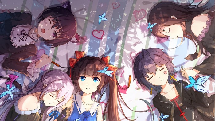 Five anime girls lying down with butterflies and hearts
