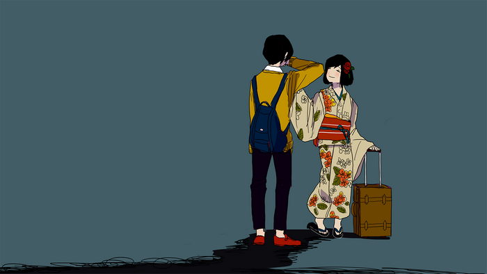 Anime couple with luggage, one in kimono