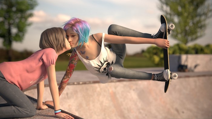 Chloe Price and Max Caulfield from Life Is Strange skateboarding