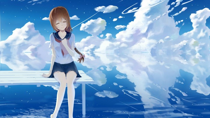 Anime girl sitting on a dock with clouds and water