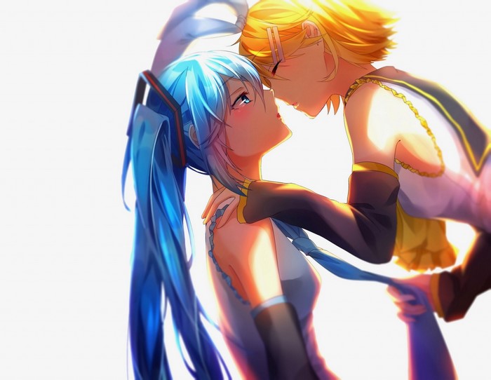 Hatsune Miku and Kagamine Rin kissing