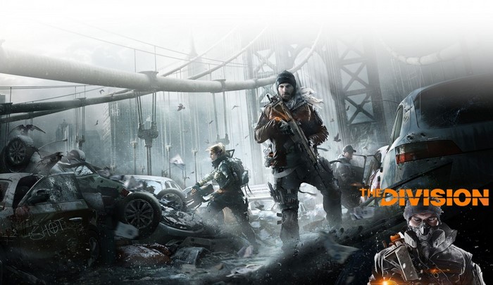 Soldiers in a post-apocalyptic city with the Division logo