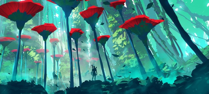 A lone figure stands in a surreal forest with giant red flowers