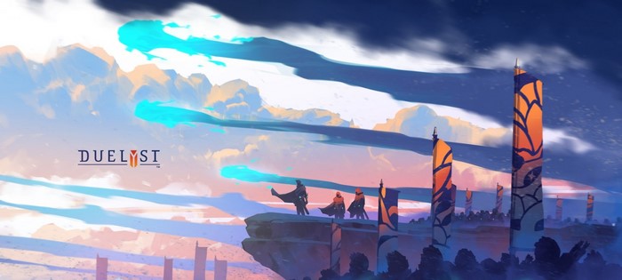 Duelyst game art with figures and tall structures