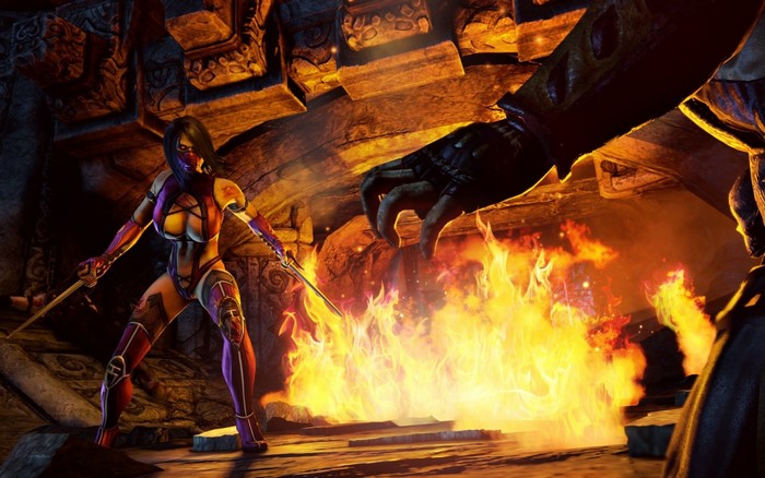 Mileena from Mortal Kombat in a fiery arena