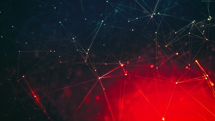 Abstract network of red and blue lines and dots