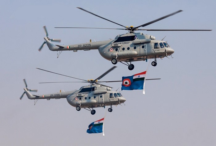 Indian Air Force Mil Mi-17 helicopters flying with flags
