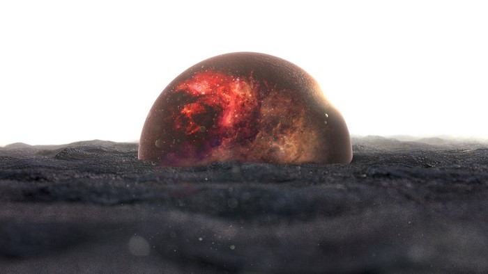 Galaxy inside a melting planet on a textured surface