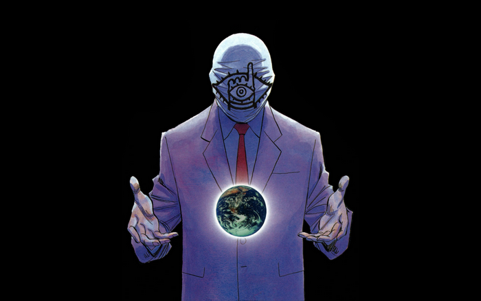 Man with eye symbol on face holding Earth