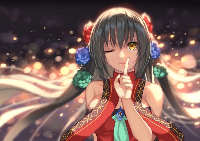 Anime girl with long dark hair and yellow eyes