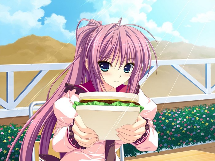 Sakai Hina from Hoshizora e Kakaru Hashi holding a sandwich