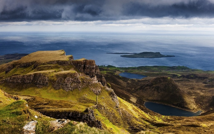 Dramatic landscape of cliffs and sea under stormy clouds