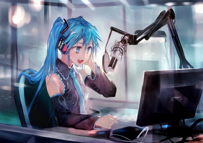 Hatsune Miku with headphones and microphone at a desk