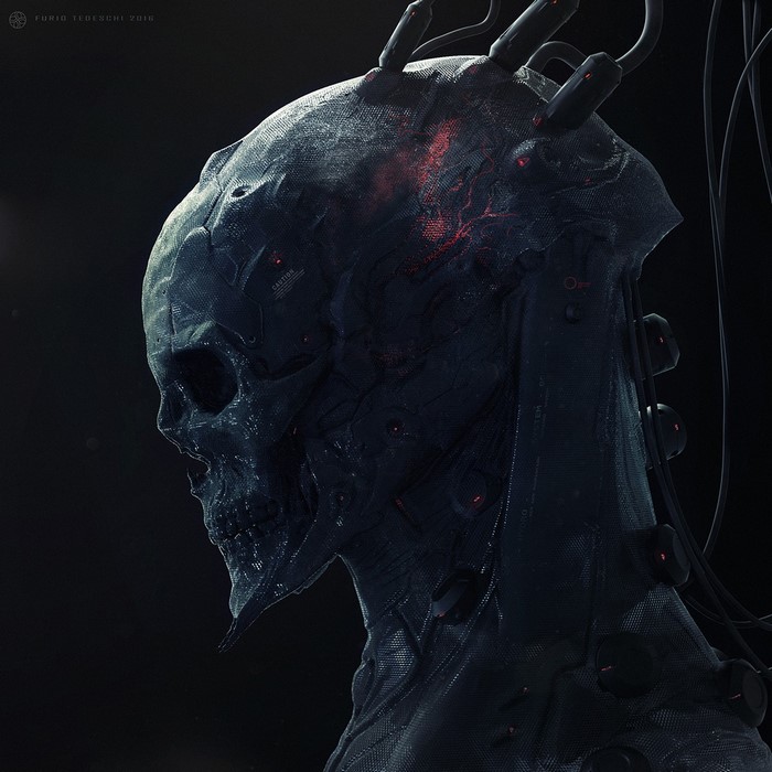 Cyborg skull with glowing red circuits and wires