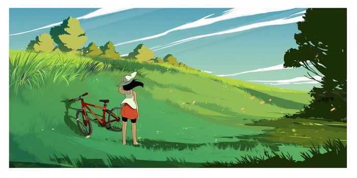 Girl with bicycle in a grassy landscape