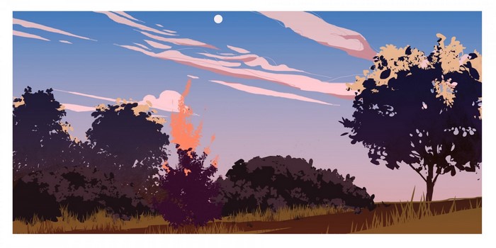 Illustration of a savanna landscape at sunset