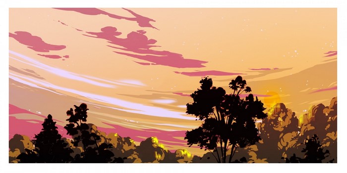 Illustration of a sunset over a forest silhouette