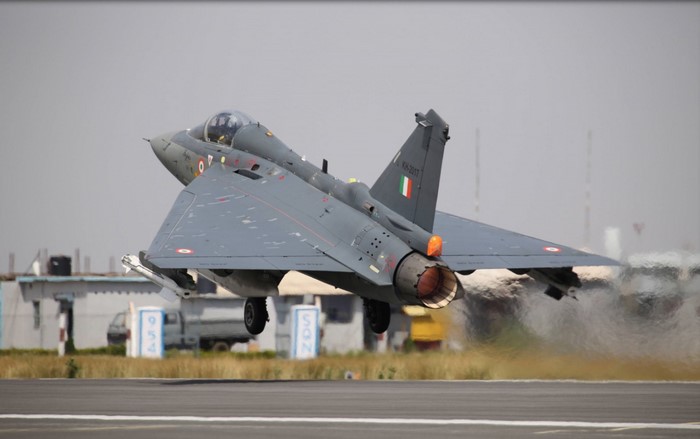 Indian Air Force LCA Tejas fighter jet taking off