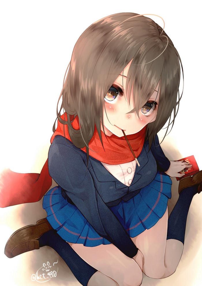 Anime girl in school uniform eating chocolate
