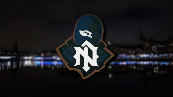 Logo with a masked figure and "N" in front of a city skyline at night