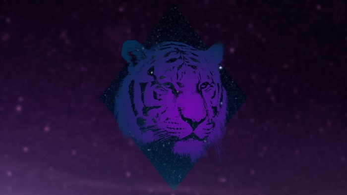 Tiger head in a diamond shape against a starry purple background