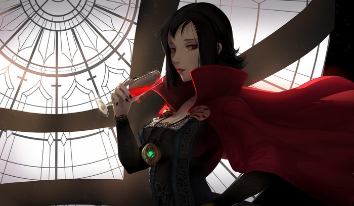 Anime girl with black hair and red eyes holding a drink
