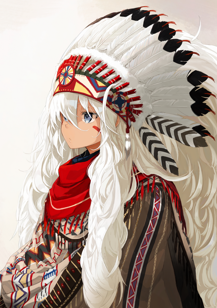 Anime girl with white hair and blue eyes wearing a headdress