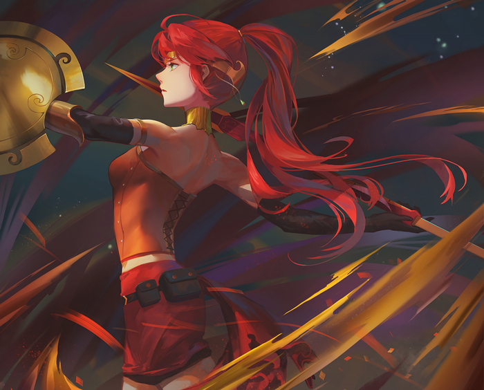 Pyrrha Nikos from RWBY holding a shield and spear