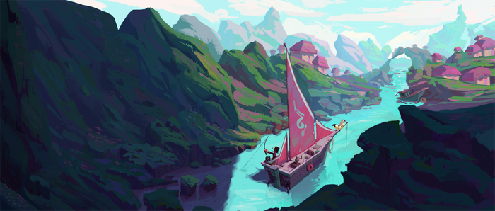 Fantasy river landscape with a sailboat and villages