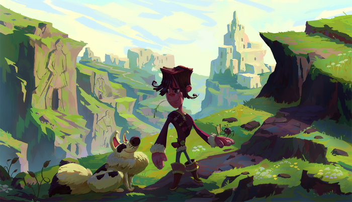 Fantasy landscape with a boy and his dog near ancient ruins