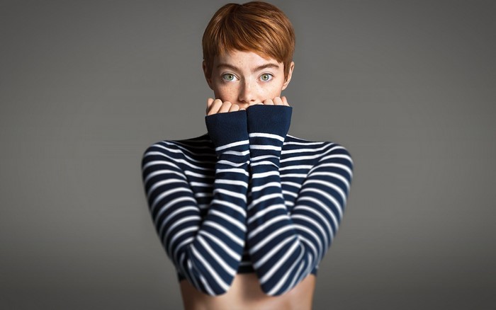 Emma Stone in striped sweater photo shoot