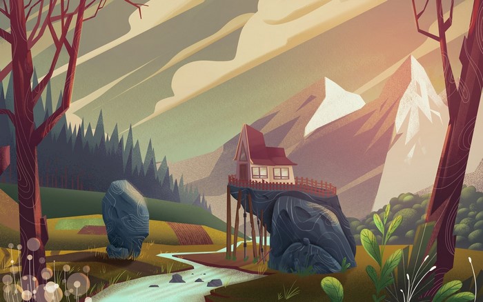 Illustration of a house on a cliff overlooking mountains at sunset