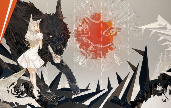 Anime girl with wolf and abstract sun