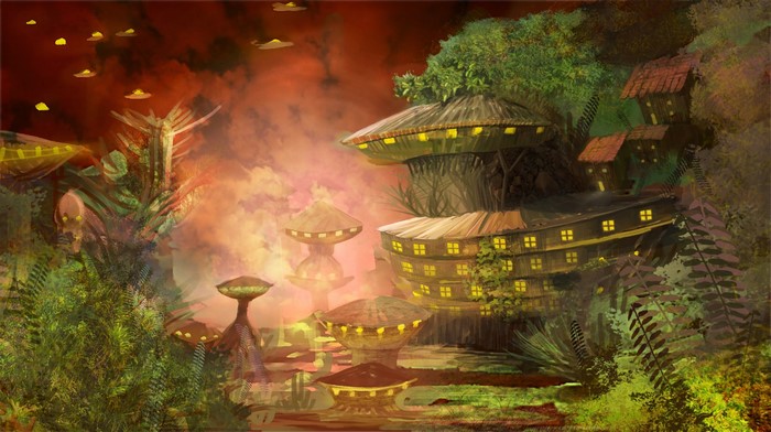 Futuristic village in a jungle with flying objects