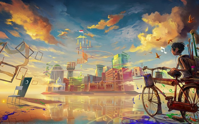 Surreal cityscape with a boy on a bicycle and floating frames