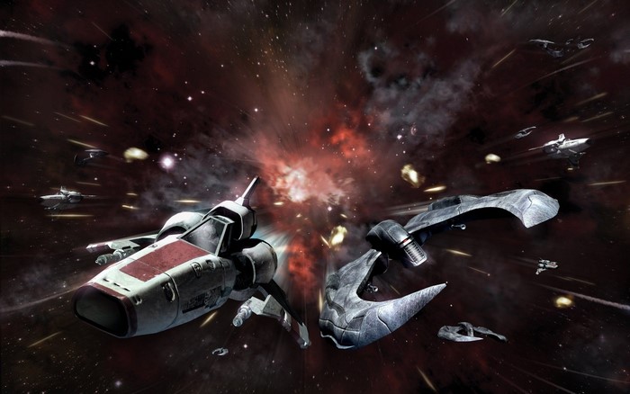 Battlestar Galactica Viper and Cylon ships in space battle