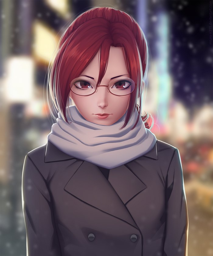 Anime girl with red hair and glasses in winter