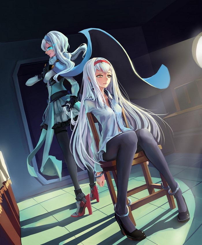 Two anime girls with white hair in a dimly lit room