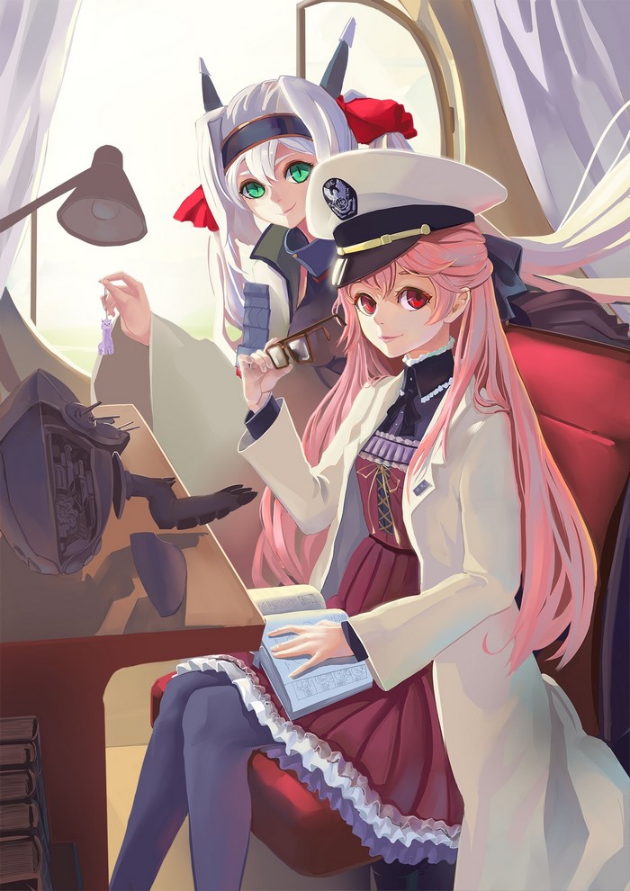 Two anime girls with different hair colors in a room