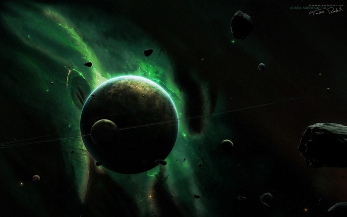 Planet with rings and moon in green nebula
