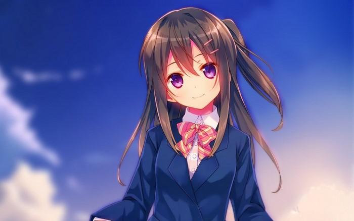 Anime girl with brown hair and purple eyes in school uniform