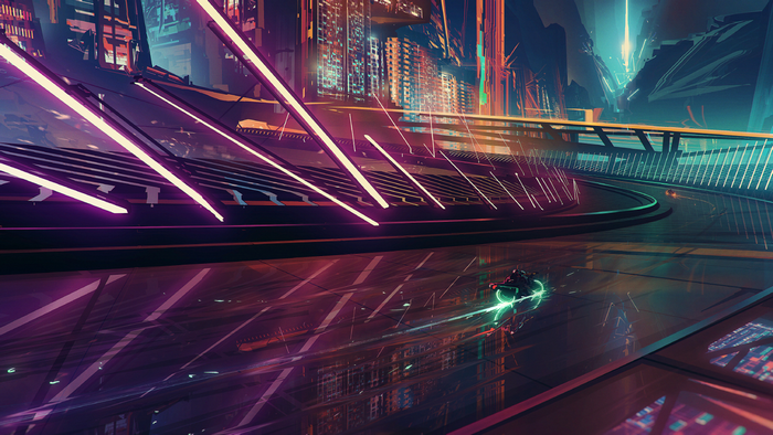 Futuristic cyberpunk cityscape with neon lights and a vehicle