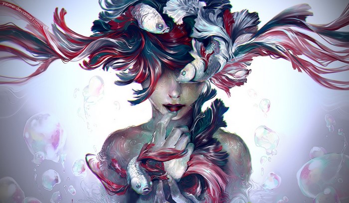 Illustration of a woman with betta fish hair