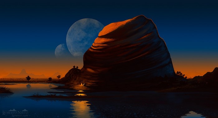 Alien planet landscape with two moons at sunset