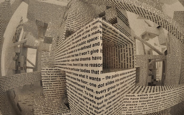 Abstract architectural sculpture made of text