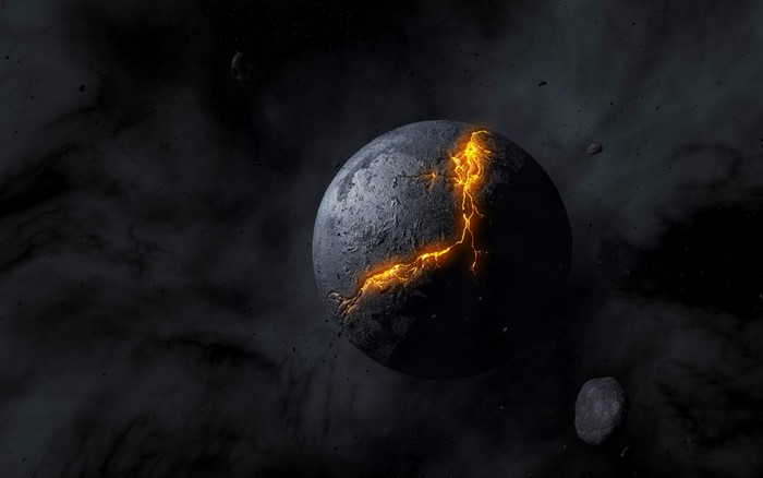Cracked planet with glowing lava in space